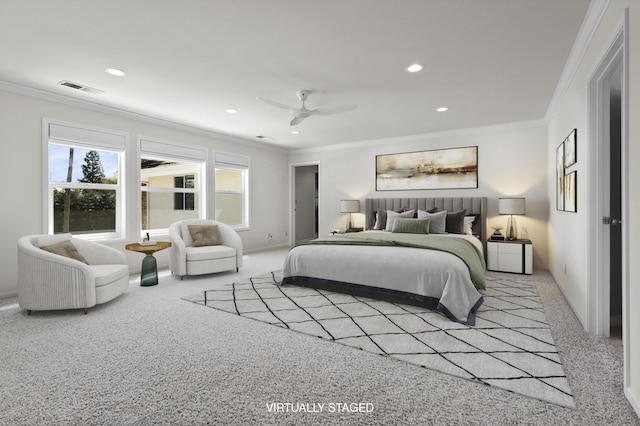 bedroom featuring carpet, recessed lighting, crown molding, baseboards, and ceiling fan