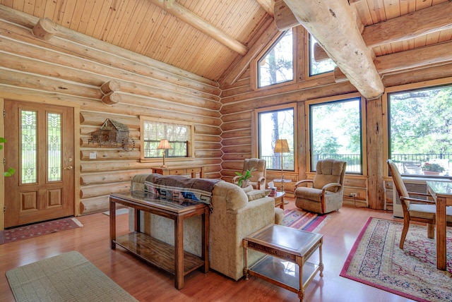 living area with beam ceiling, wood ceiling, plenty of natural light, and log walls