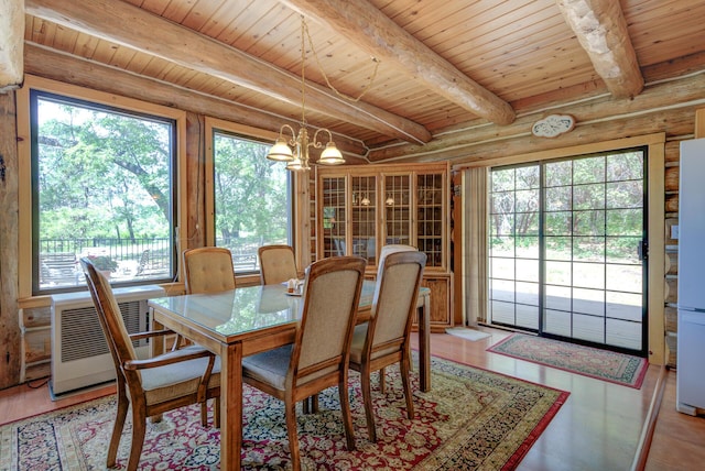 dining area with wood ceiling, log walls, beamed ceiling, and a notable chandelier