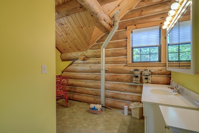 bathroom with wood ceiling, lofted ceiling with beams, and log walls