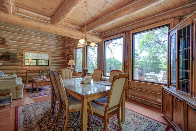 dining area featuring light wood-style floors, wood ceiling, plenty of natural light, and log walls
