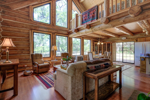 living room featuring wood ceiling, rustic walls, wood finished floors, and beamed ceiling
