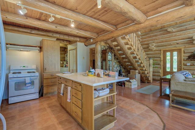 kitchen with open shelves, track lighting, log walls, white gas range oven, and wooden ceiling