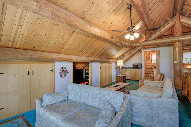 living room featuring wooden ceiling, carpet flooring, log walls, ceiling fan, and vaulted ceiling with beams