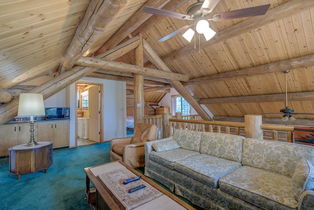living area featuring wooden ceiling, ceiling fan, carpet flooring, and lofted ceiling with beams
