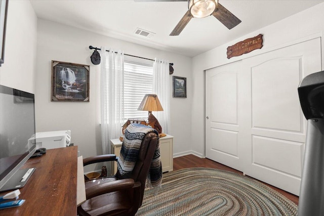 2919 Buckingham Dr, Shasta Lake, CA 96019 - home office featuring dark wood-style flooring, visible vents, and a ceiling fan