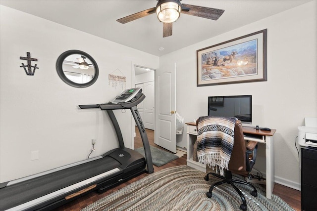 2919 Buckingham Dr, Shasta Lake, CA 96019 - office area featuring wood finished floors, baseboards, and a ceiling fan