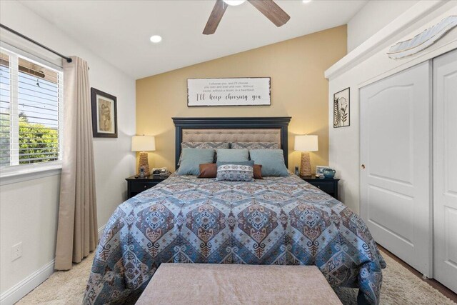 2919 Buckingham Dr, Shasta Lake, CA 96019 - bedroom featuring baseboards, a ceiling fan, carpet floors, recessed lighting, and vaulted ceiling