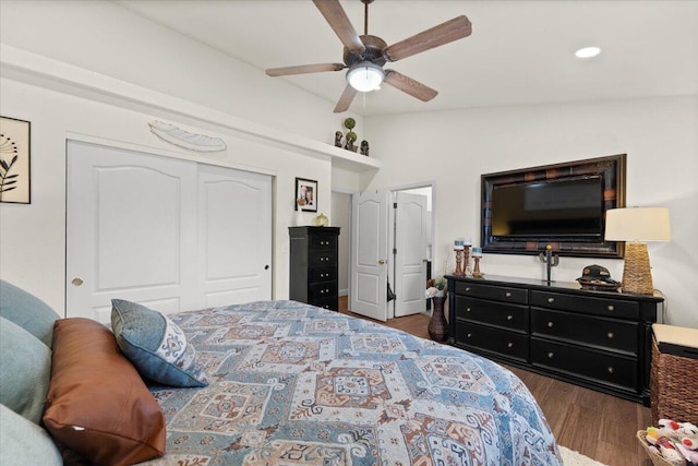 2919 Buckingham Dr, Shasta Lake, CA 96019 - bedroom featuring ceiling fan, dark wood finished floors, a closet, recessed lighting, and lofted ceiling