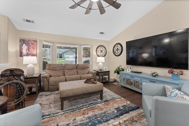 2919 Buckingham Dr, Shasta Lake, CA 96019 - living area with lofted ceiling, visible vents, dark wood-style flooring, and ceiling fan