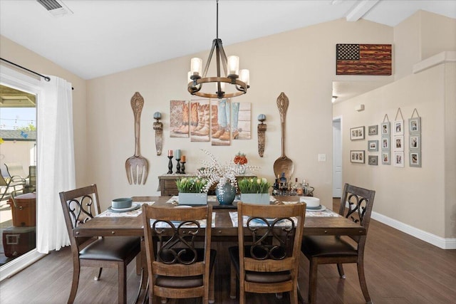 2919 Buckingham Dr, Shasta Lake, CA 96019 - dining area with a notable chandelier, baseboards, dark wood-type flooring, visible vents, and vaulted ceiling with beams