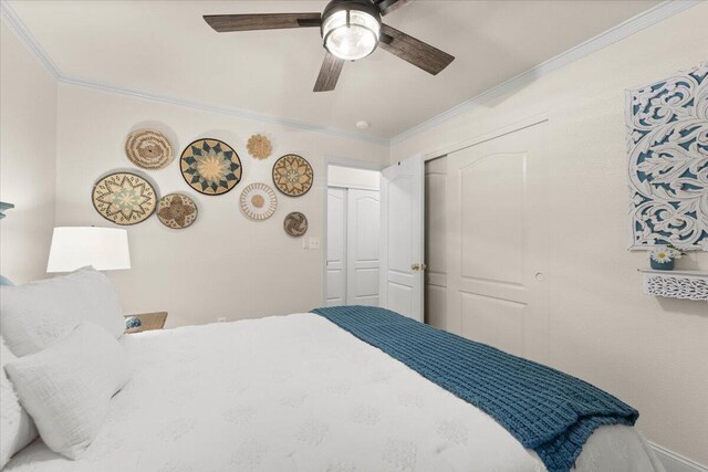 2919 Buckingham Dr, Shasta Lake, CA 96019 - bedroom featuring a ceiling fan and ornamental molding
