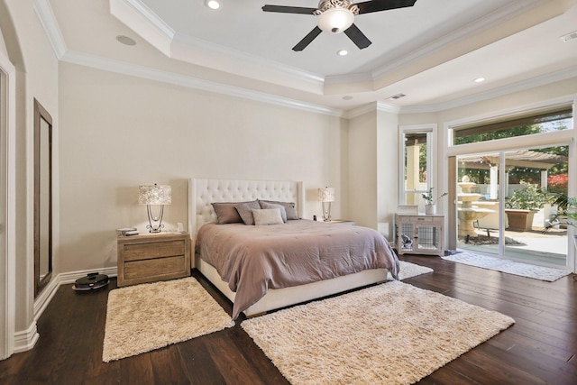 13194 Tierra Heights Rd, Redding, CA 96003 - bedroom featuring a raised ceiling, access to outside, hardwood / wood-style floors, and crown molding
