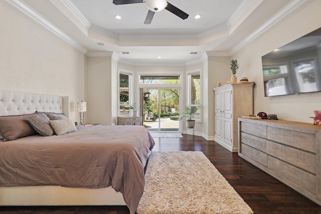13194 Tierra Heights Rd, Redding, CA 96003 - bedroom with a raised ceiling, crown molding, access to exterior, and dark wood-style flooring