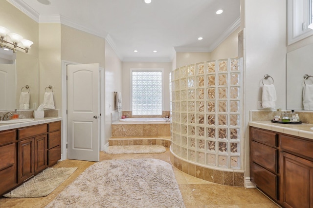 13194 Tierra Heights Rd, Redding, CA 96003 - bathroom featuring crown molding, a garden tub, vanity, and walk in shower