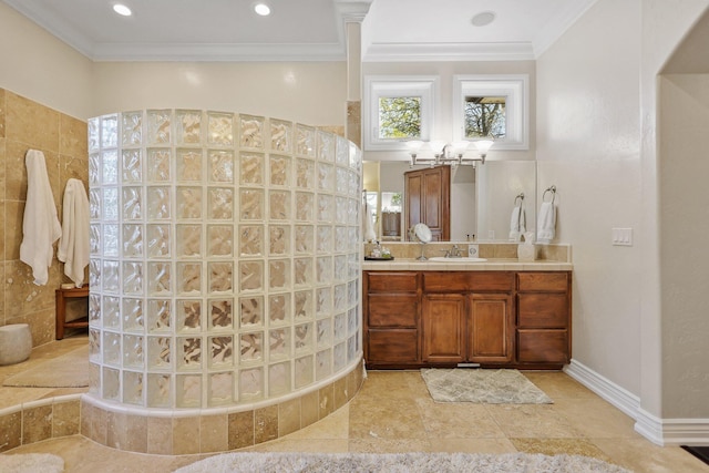 13194 Tierra Heights Rd, Redding, CA 96003 - bathroom featuring a chandelier, vanity, baseboards, and ornamental molding
