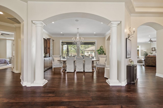 13194 Tierra Heights Rd, Redding, CA 96003 - dining area with hardwood / wood-style floors, ceiling fan with notable chandelier, baseboards, and ornamental molding