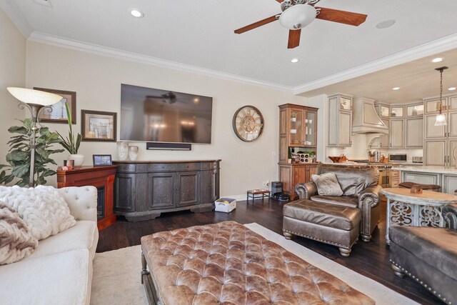 13194 Tierra Heights Rd, Redding, CA 96003 - living room with ornamental molding, ceiling fan, and dark wood finished floors