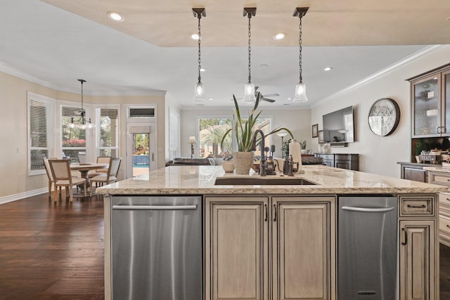 13194 Tierra Heights Rd, Redding, CA 96003 - kitchen featuring a healthy amount of sunlight, stainless steel dishwasher, a sink, and ornamental molding