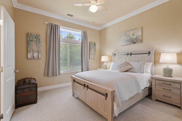13194 Tierra Heights Rd, Redding, CA 96003 - bedroom featuring ornamental molding, baseboards, light colored carpet, and visible vents