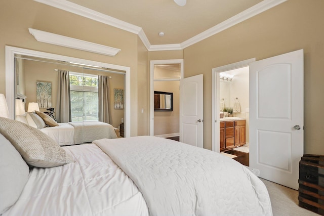 13194 Tierra Heights Rd, Redding, CA 96003 - bedroom with wood finished floors, ensuite bathroom, and ornamental molding