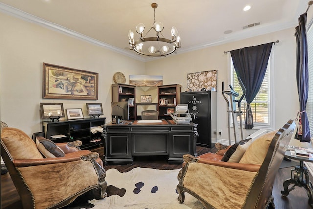 13194 Tierra Heights Rd, Redding, CA 96003 - office area with crown molding, a notable chandelier, dark wood-style floors, and visible vents
