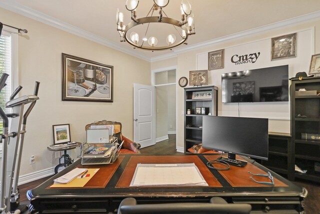 13194 Tierra Heights Rd, Redding, CA 96003 - office area with dark wood-type flooring, crown molding, a notable chandelier, and baseboards