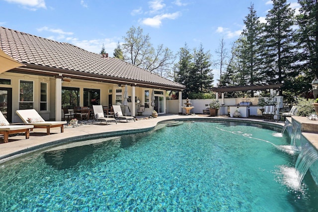 13194 Tierra Heights Rd, Redding, CA 96003 - view of swimming pool with a fenced in pool, a patio area, fence, and a ceiling fan