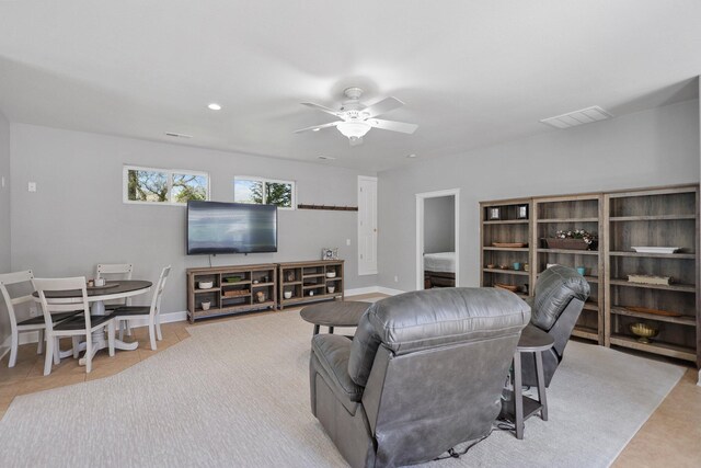 13194 Tierra Heights Rd, Redding, CA 96003 - living room with a ceiling fan, visible vents, recessed lighting, tile patterned floors, and baseboards