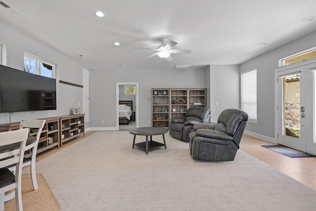 13194 Tierra Heights Rd, Redding, CA 96003 - living area with recessed lighting, plenty of natural light, light tile patterned flooring, and a ceiling fan