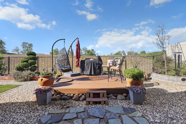 6180 Lucca Trl, Redding, CA 96003 - view of patio / terrace featuring a fenced backyard, a wooden deck, and a grill