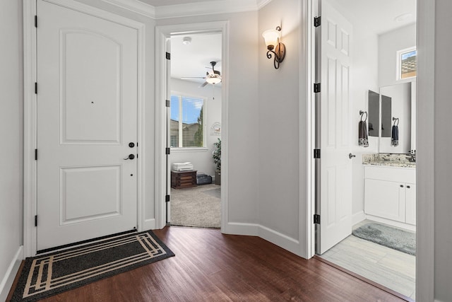 6180 Lucca Trl, Redding, CA 96003 - entrance foyer featuring baseboards, a ceiling fan, and dark wood-style floors