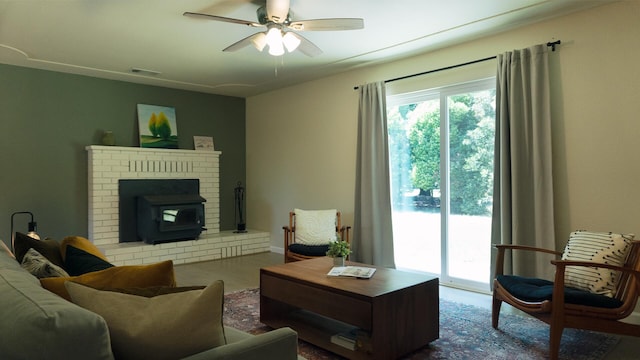 5080 Debbie Ln, Redding, CA 96002 - living room with a wood stove and a ceiling fan