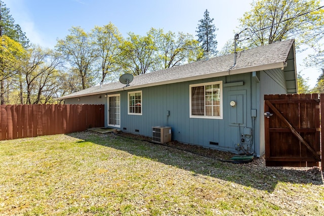 18170 Pine St, Lakehead, CA 96051 - rear view of property with crawl space, a shingled roof, central AC, and a gate
