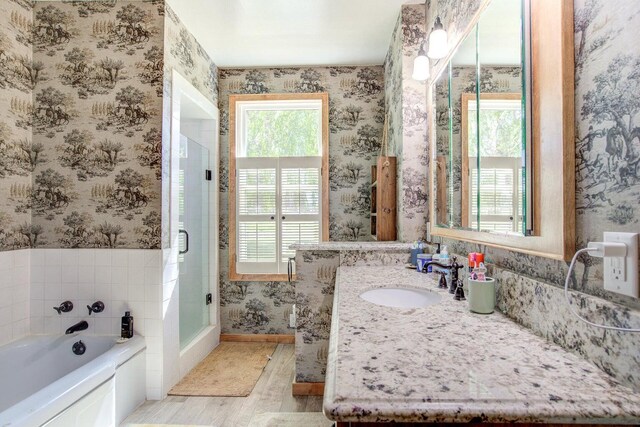 45517 Pittville Rd, Mcarthur, CA 96056 - full bath with vanity, a bath, wallpapered walls, and a stall shower