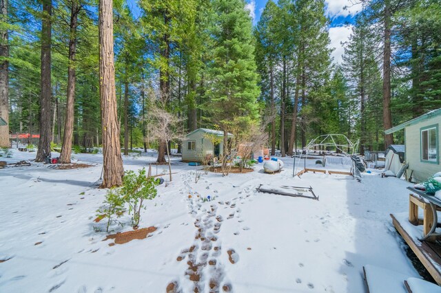 snowy yard with an outdoor structure