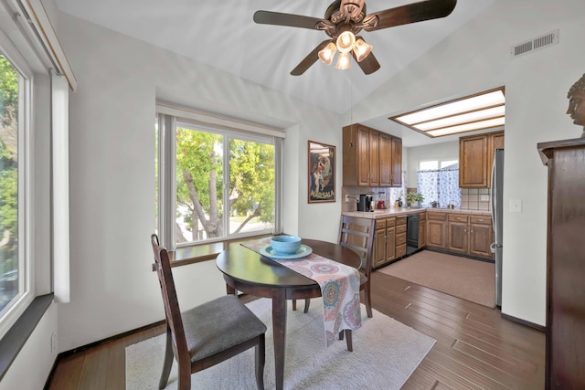 249 Ridgetop Dr Apt 239, Redding, CA 96003 - dining area featuring a ceiling fan and dark wood-type flooring