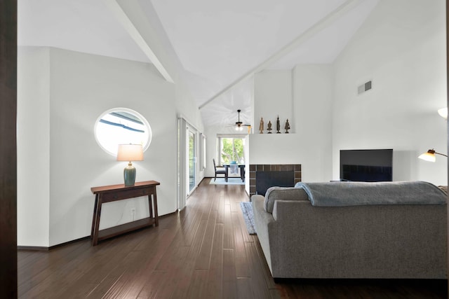249 Ridgetop Dr Apt 239, Redding, CA 96003 - living room with high vaulted ceiling, dark wood finished floors, ceiling fan, and baseboards