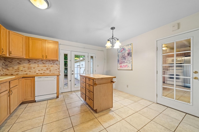 3082 Lawrence Rd, Redding, CA 96002 - kitchen featuring light tile patterned floors, white appliances, butcher block counters, french doors, and backsplash