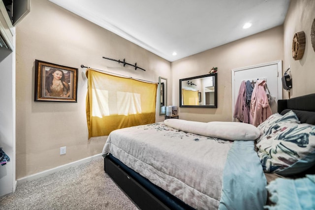 bedroom with carpet flooring, recessed lighting, and baseboards
