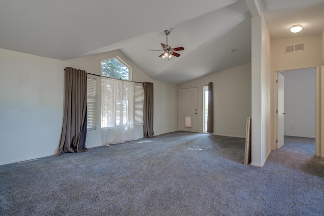unfurnished living room featuring carpet, a ceiling fan, visible vents, and lofted ceiling
