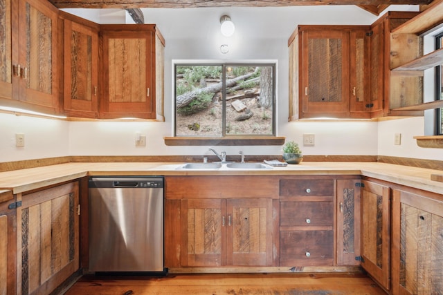 2120 Pack Trl, Mount Shasta, CA 96067 - kitchen featuring brown cabinetry, wood finished floors, stainless steel dishwasher, and a sink