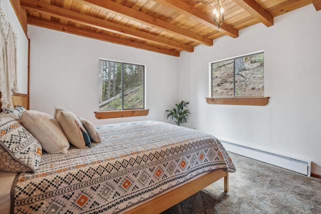 2120 Pack Trl, Mount Shasta, CA 96067 - carpeted bedroom with a baseboard radiator, multiple windows, and wood ceiling