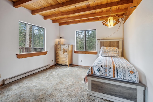 2120 Pack Trl, Mount Shasta, CA 96067 - carpeted bedroom with baseboard heating, multiple windows, wooden ceiling, and beam ceiling