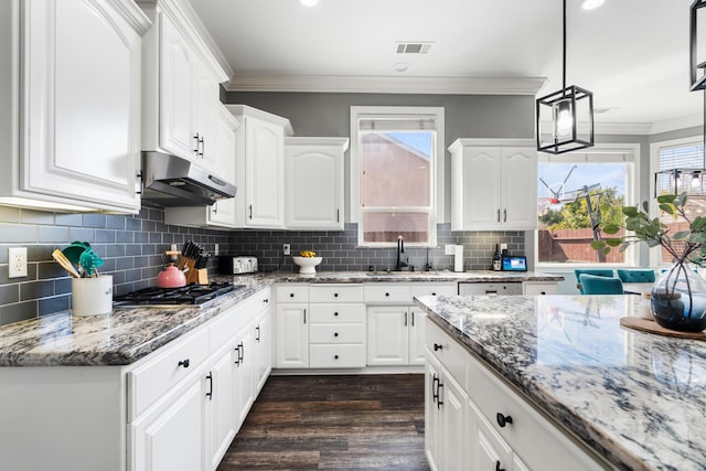 2796 Madison River Dr, Redding, CA 96002 - kitchen featuring visible vents, a sink, ornamental molding, under cabinet range hood, and stainless steel gas stovetop