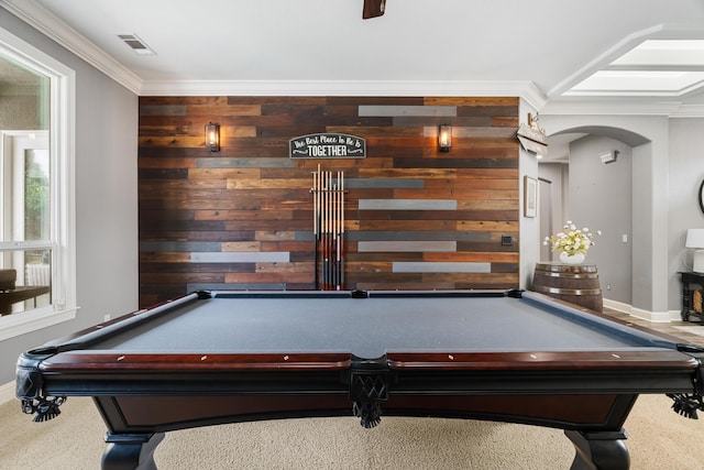 2796 Madison River Dr, Redding, CA 96002 - game room with visible vents, baseboards, arched walkways, ornamental molding, and billiards