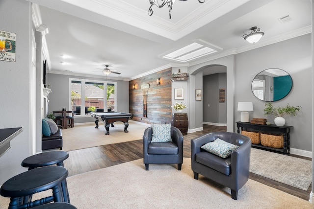 2796 Madison River Dr, Redding, CA 96002 - playroom featuring visible vents, arched walkways, ornamental molding, billiards, and wood finished floors