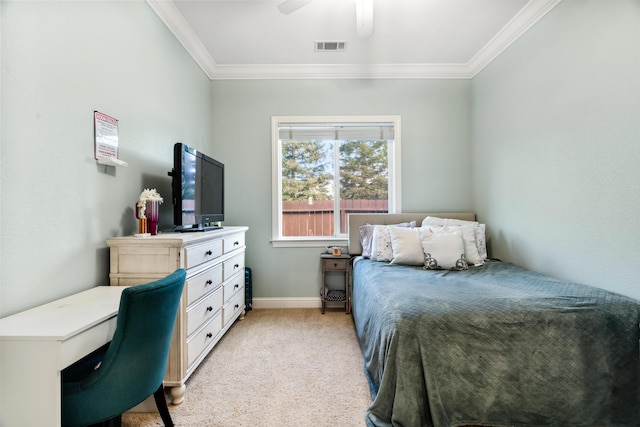 2796 Madison River Dr, Redding, CA 96002 - bedroom featuring a ceiling fan, light colored carpet, ornamental molding, and visible vents