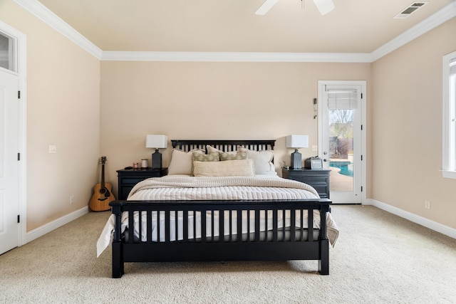 2796 Madison River Dr, Redding, CA 96002 - carpeted bedroom featuring ornamental molding, visible vents, baseboards, and access to outside