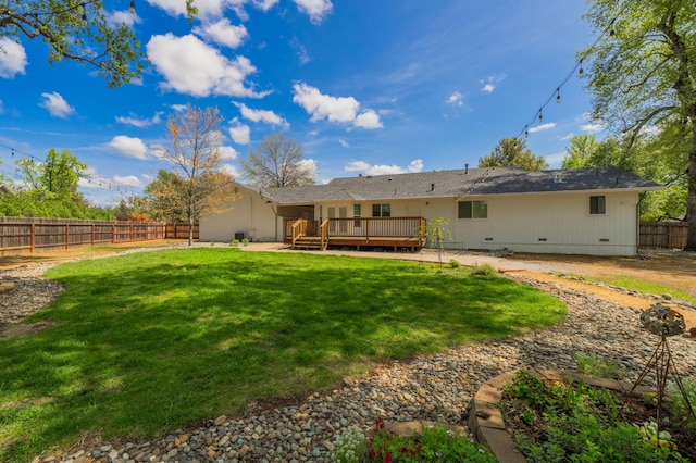 19702 Midland Dr, Redding, CA 96003 - rear view of property with a deck, crawl space, a fenced backyard, and a lawn